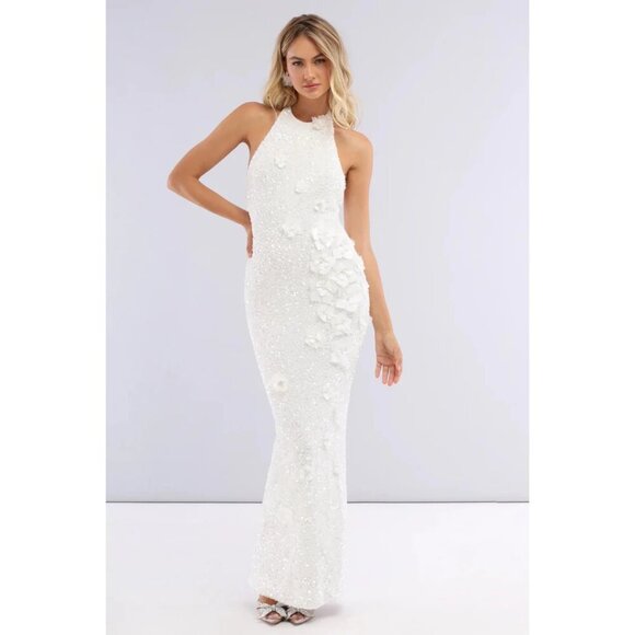 HELSI Helsi Brice Halter Sequin Column Maxi Dress in White Size Medium - Picture 1 of 16